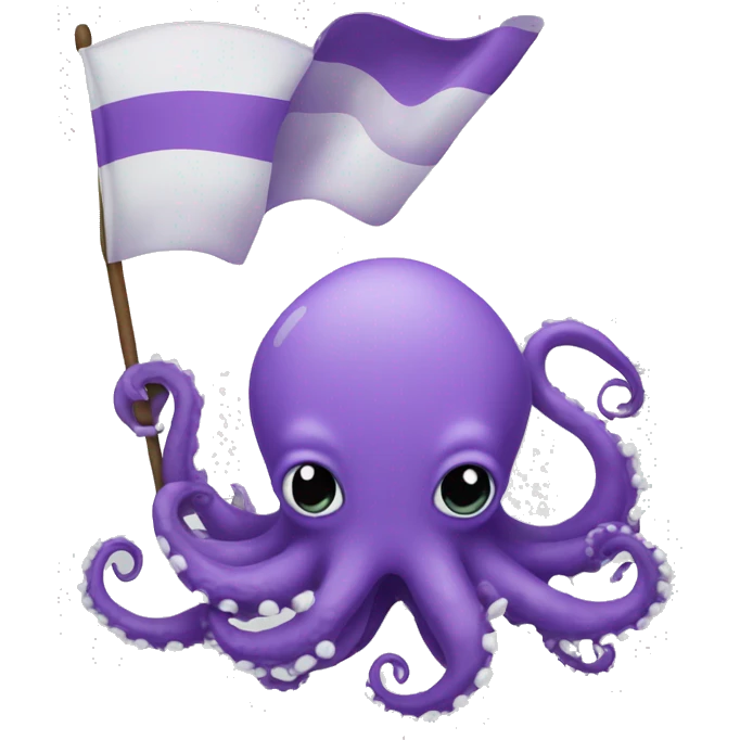 cute purple kraken with adorable face  holding a big white flag emoji