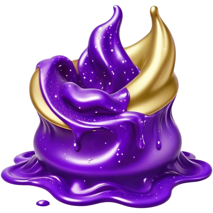 Cinematic Realistic Shiny Slime Mixed with Glitter, thick and glossy with swirling metallic flecks suspended inside, a dynamic mix of deep purple and golden sparkles, light catching every shimmer, flowing smoothly with realistic folds and ripples, glowing with an enchanting, almost liquid-metal effect. emoji