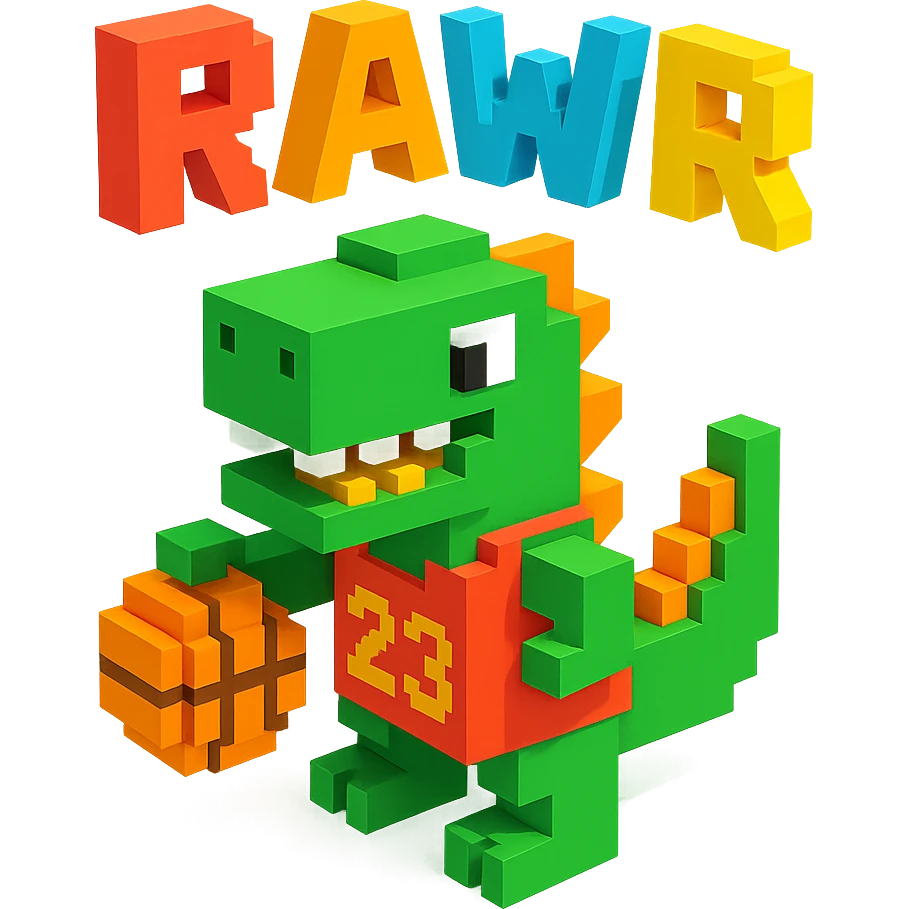надпись "RAWR" и динозавр с баскетбольном мячом в майке с надписью "23", no background  emoji