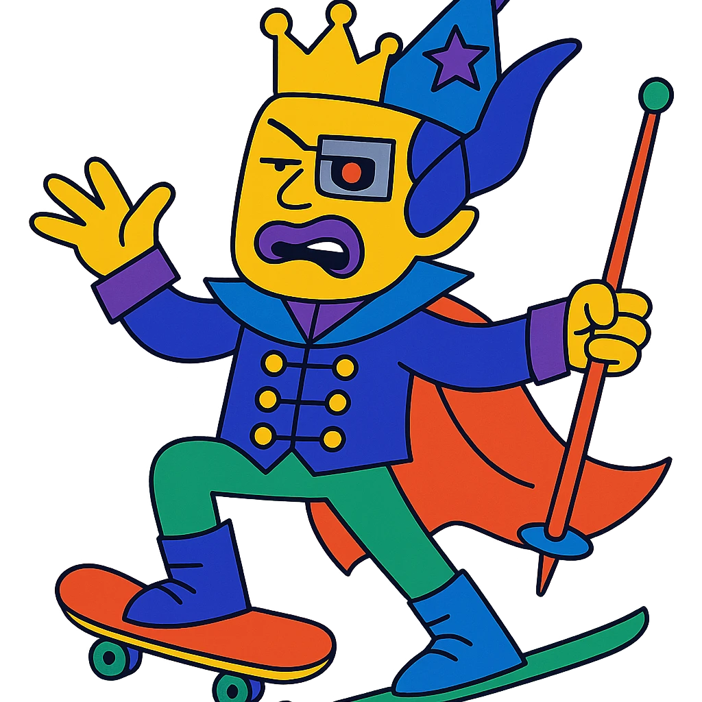 yellow guy showing off his fabulous outfit combining prince, alien, terminator, skater, skiier, and wizard elements, making a weird face, stylish and fabulous emoji