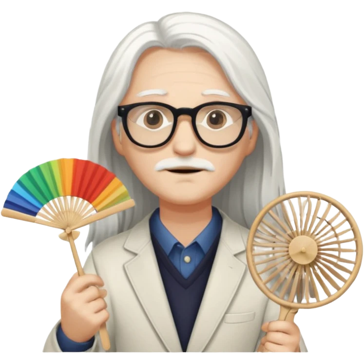 long white haired folding fan holder with glasses emoji