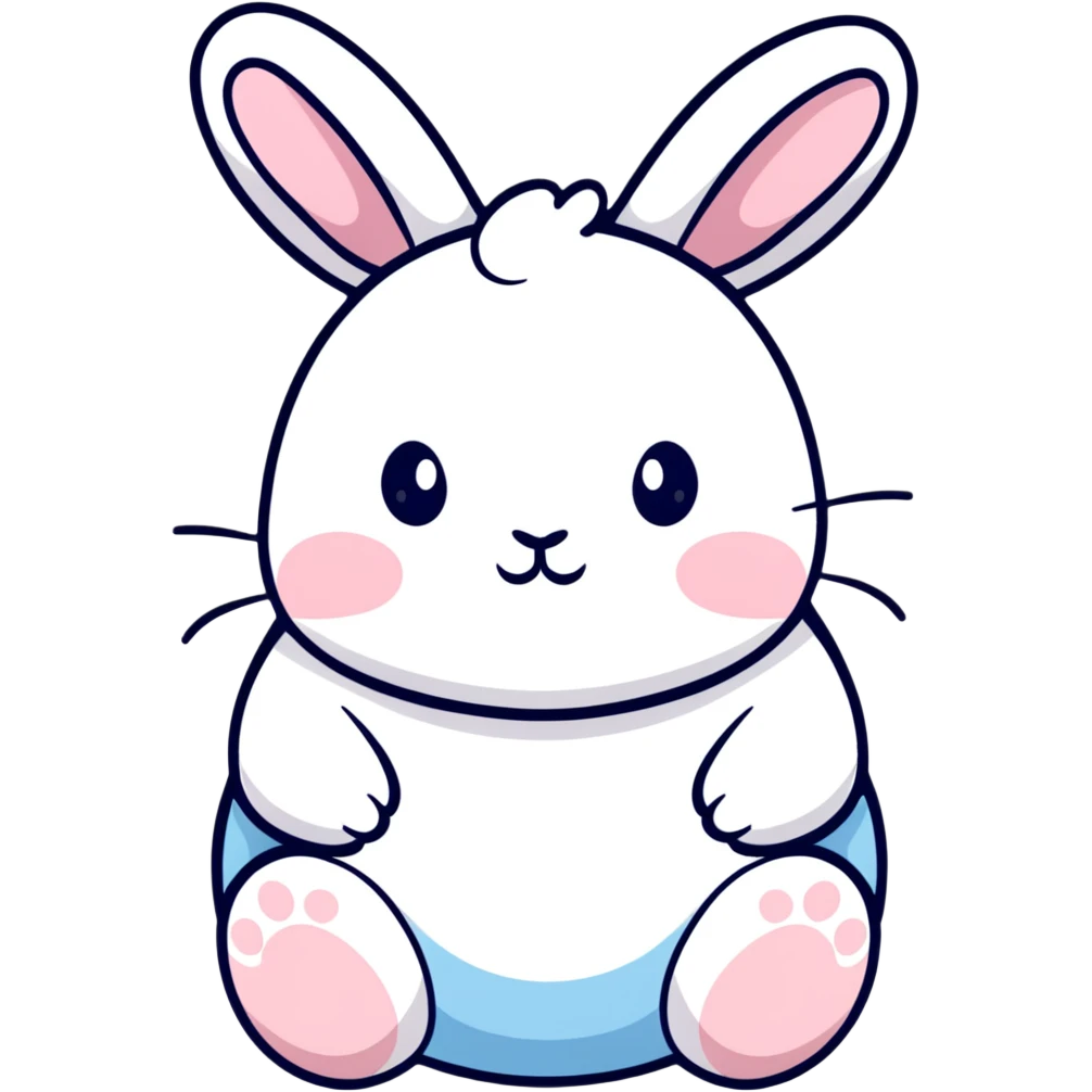 A chubby bunny character in exact Sanrio style like Kuromi and Cinnamoroll, ultra cute, super simplified kawaii design, oversized head on tiny body, rosy cheeks, small dot eyes, simple bow, pastel pink and soft blue colors, pure white face, thick black outline emoji
