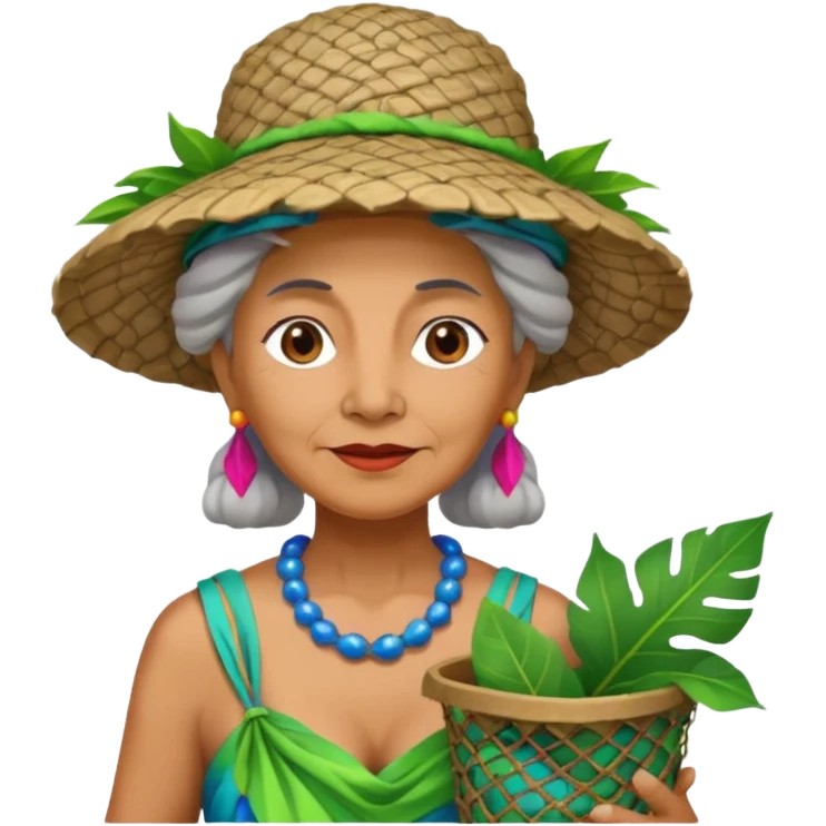 Hawaiian old woman with leaf hat and big trash net and colorful cloth emoji