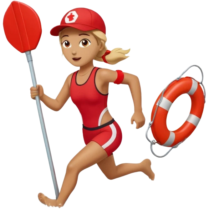 Female lifeguard – red cap, running along shore with rescue buoy emoji