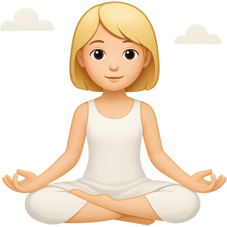 a blonde girl with a short haircut in a white dress sitting in a lotus position and meditating with a background, emoji style emoji
