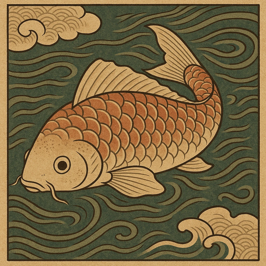 ukiyo-e style illustration of a koi fish swimming emoji