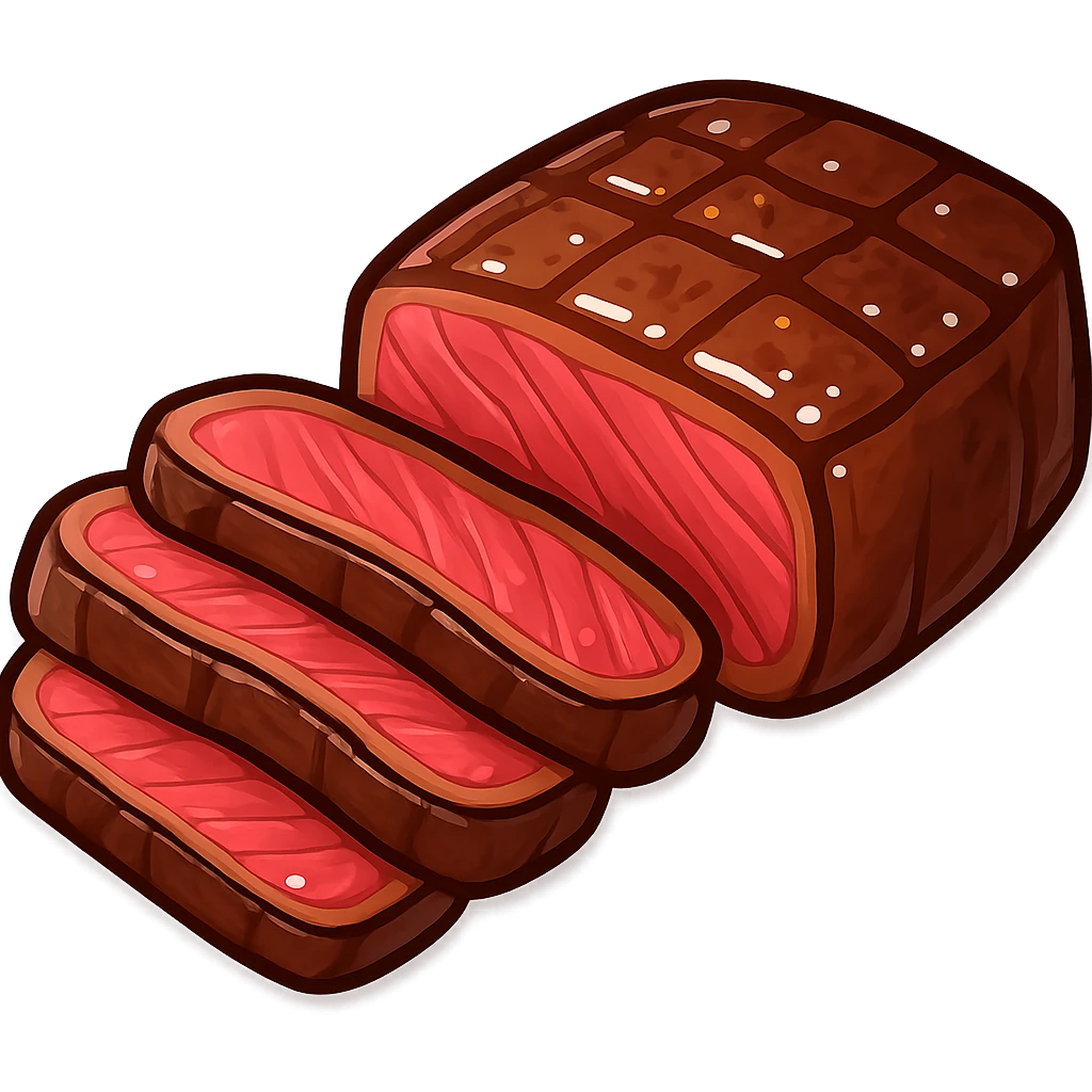 Create an emoji-style illustration of a steak inspired by the provided photo. Focus solely on the steak, excluding any potatoes or vegetables. Include juicy details to emphasize its deliciousness. No background, isolate the steak. Use an emoji style look as a reference for the design. emoji