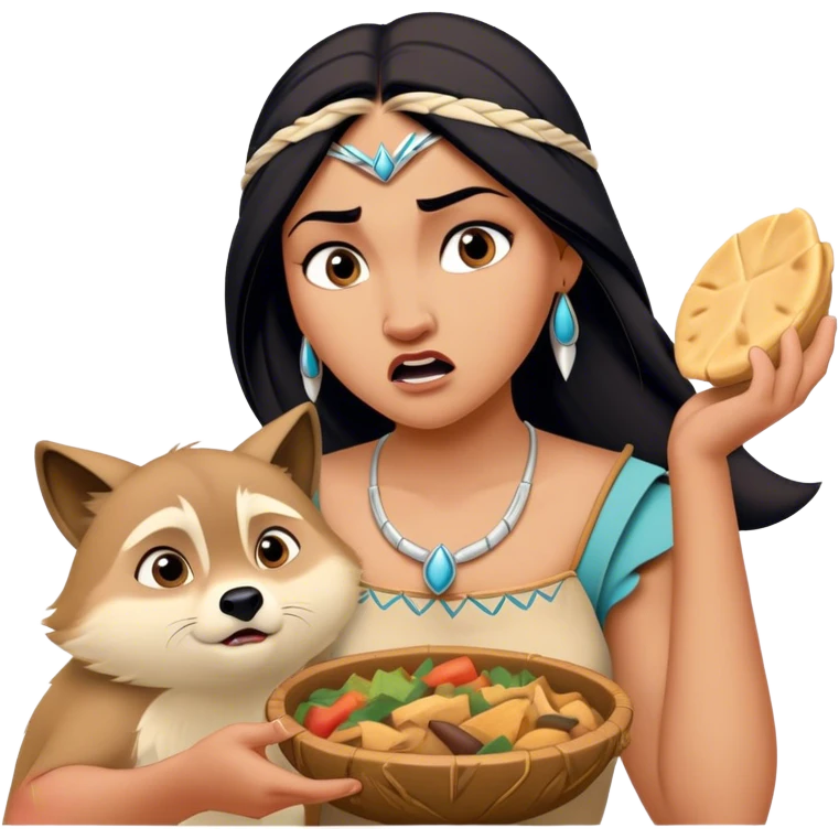 Cinematic Funny Pocahontas Portrait Emoji, Looking bewildered as Meeko steals her food, one brow raised in playful frustration, a warrior princess caught in a hilariously relatable moment, wild yet endearing! emoji