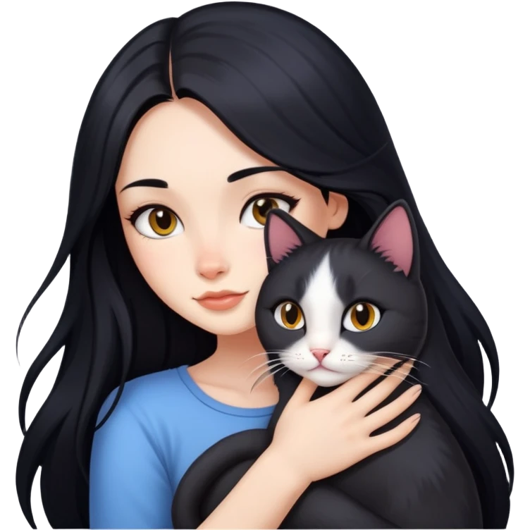 Hot girl with long black hair hugs a cat  emoji