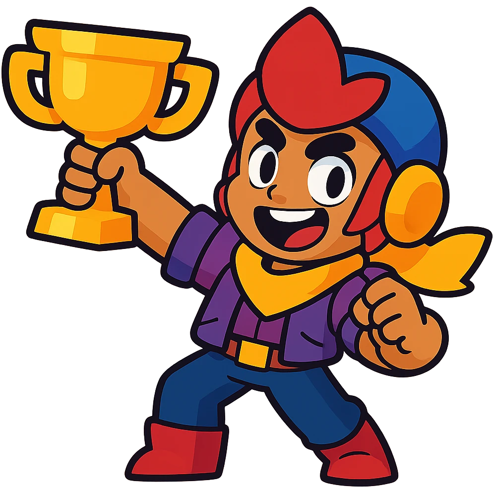 Brawl Stars character holding a trophy, energetic, cartoon style emoji