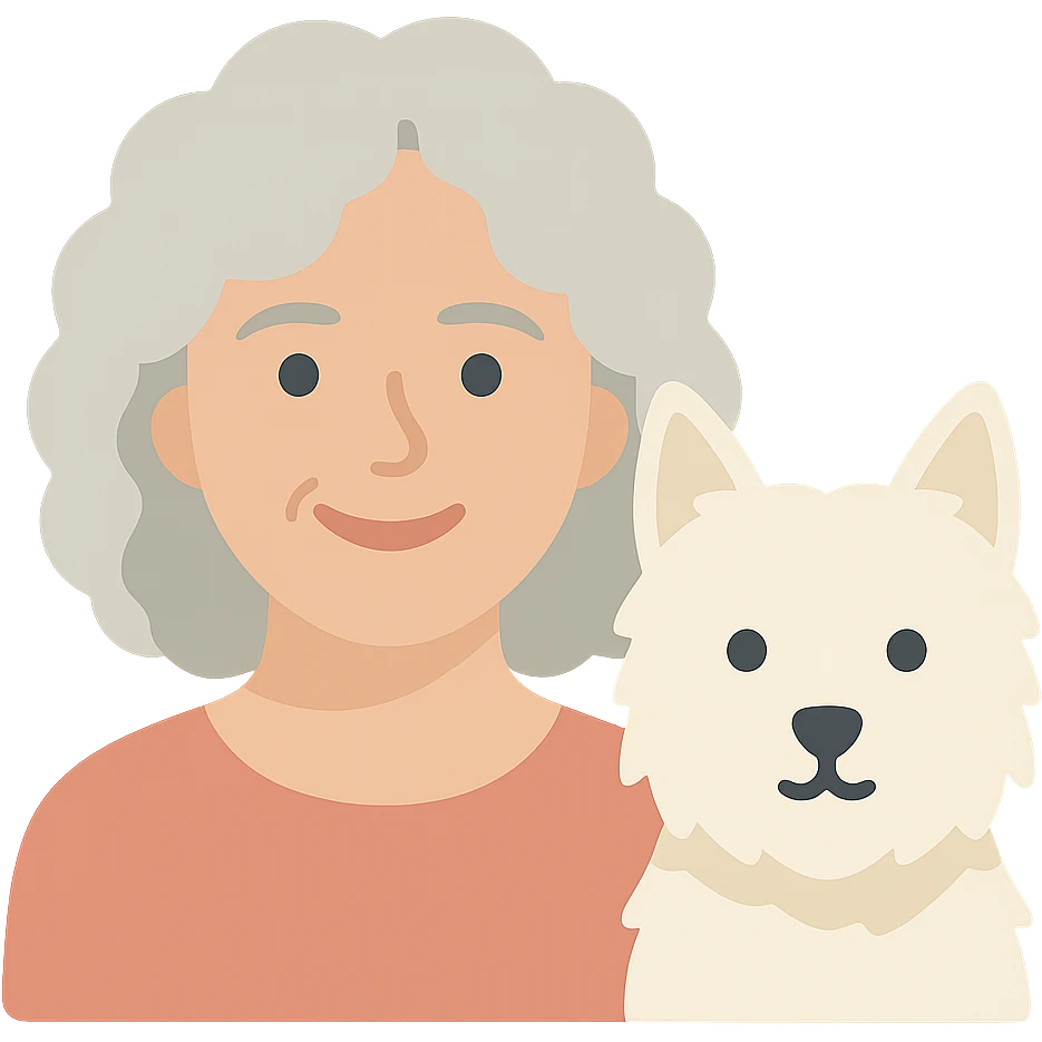 50-year-old pretty lady with silver curly hair, smiling, with a Westie dog, color icon emoji