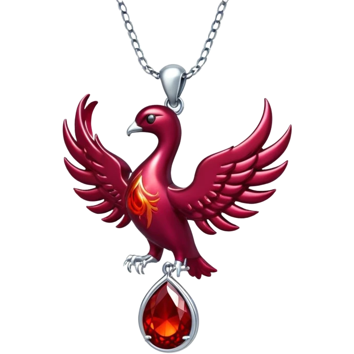 phoenix-inspired ruby pendant with cosmic aura, deep red glow, silver chain undulating like water emoji