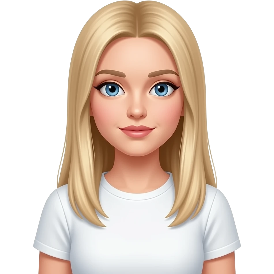 ragazza russa bionda occhi azzurri capelli lisci lunghi, fiduciosa  maglietta bianca emoji