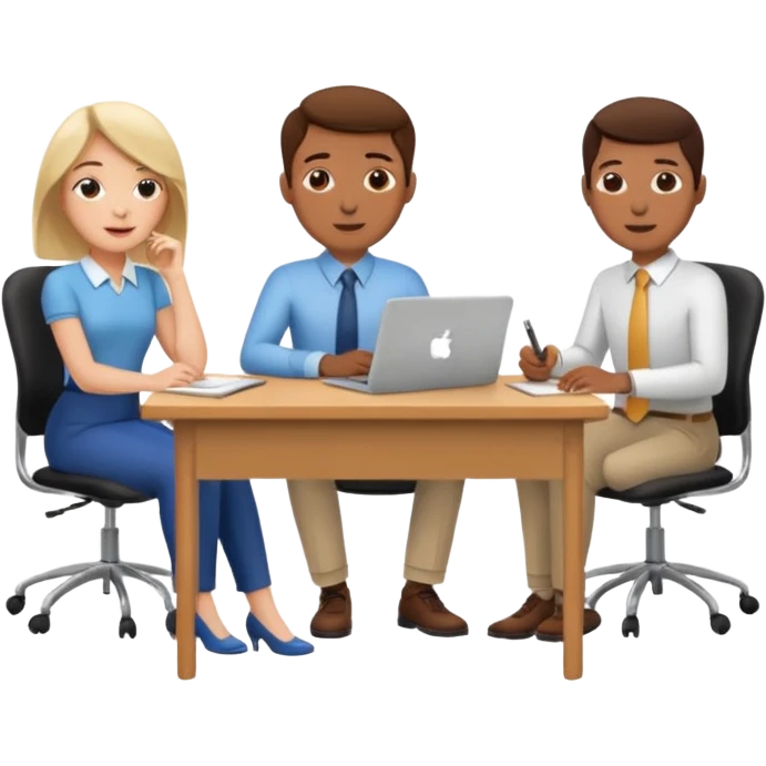 3 personas paradas. conversando sentadas cada una en su escritorio emoji