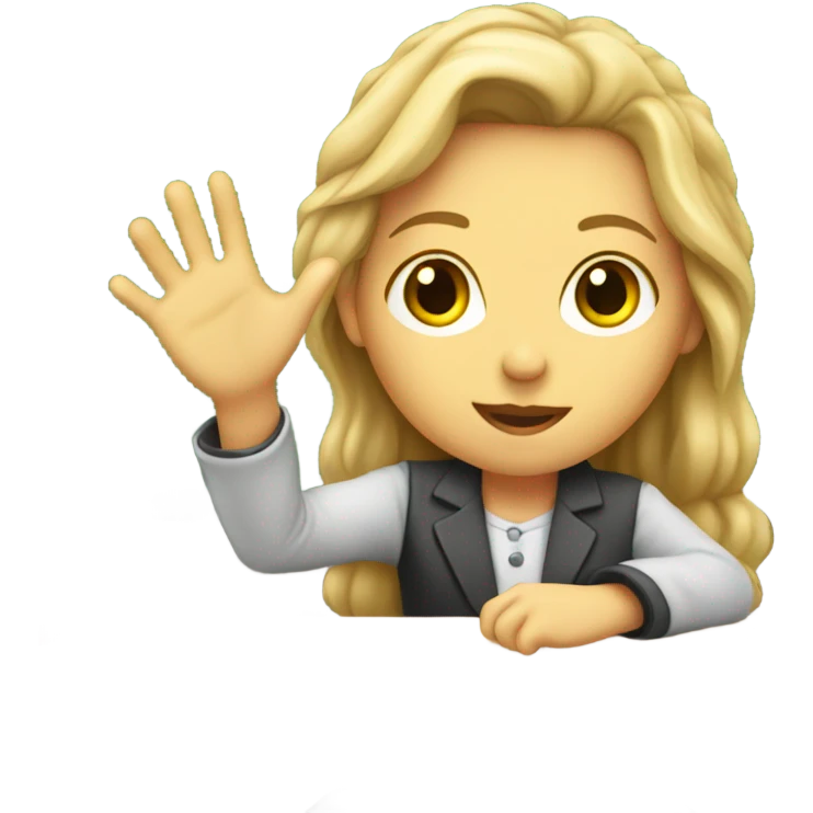A white girl with a raised hand at a desk at school  emoji