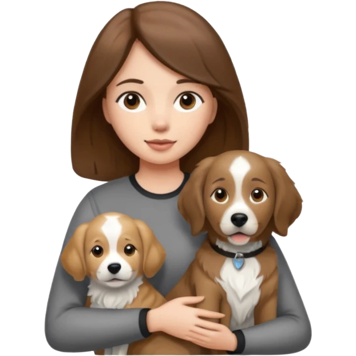 Girl with brown hair holding grey white and black golden retriever dog emoji