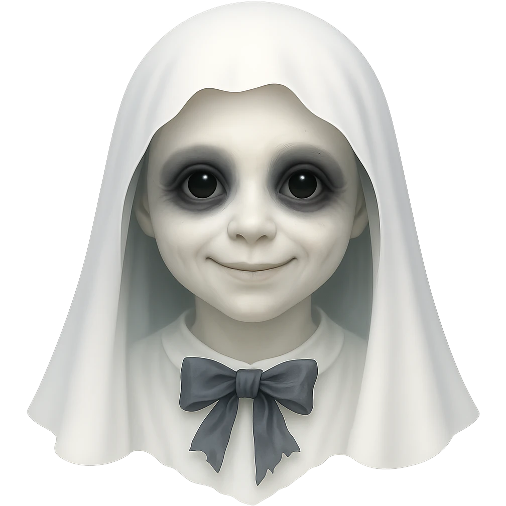 Make the girl ghost look friendlier by softening her expression, adding a gentle smile, brightening her eyes, and keeping her sheet bright and luminous with the torn bow. Maintain the transparent background. emoji