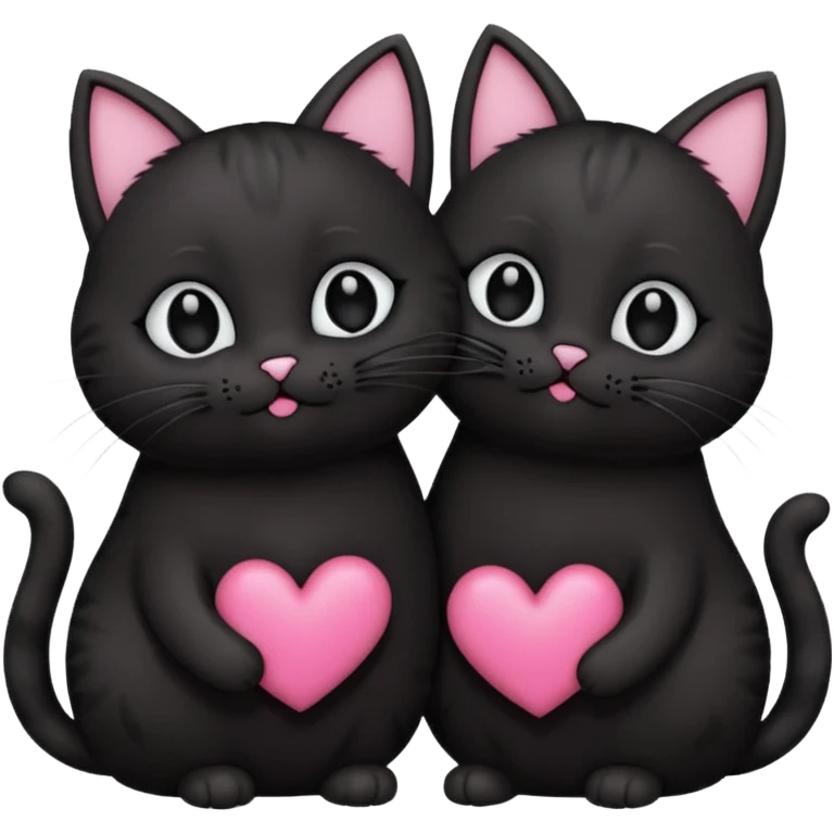 two fat cute black cats love, pink heart, closed mouth, black ears emoji