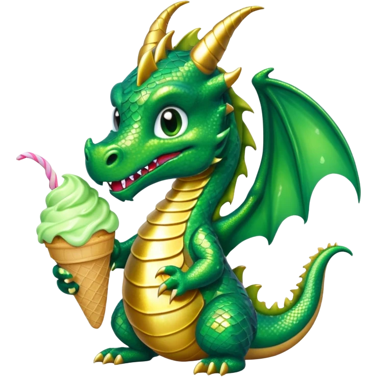 A shiny glittery dragon eating ice cream emoji