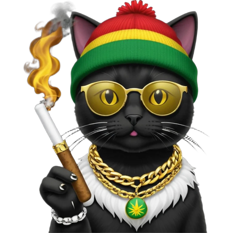 A black cat wearing the deal with it shades and a rasta beanie and smoking a joint and wearing a gold chain that says 420 emoji