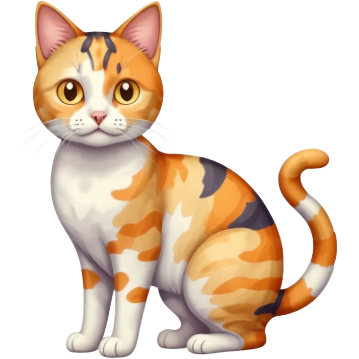 full body anxious looking colourful light calico tabby cat with large patchy patterns emoji