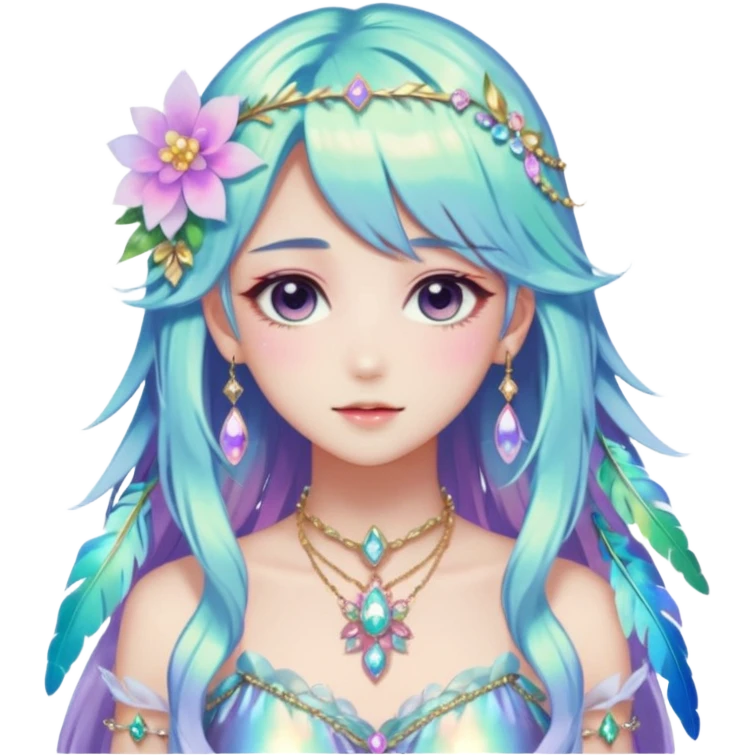 Beautiful gorgeous anime lady with beautiful iridescent-special-hair, fashion aesthetic, ethereal, fairycore, pastelcore, feather, flower, gems, accessories, jewelries, gold, colorful emoji