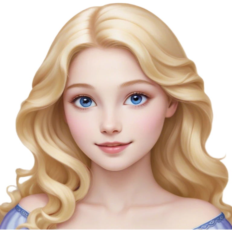 Cinematic Realistic Sleeping Beauty (Aurora) Portrait, with porcelain-like skin featuring a natural rosy flush, illuminated by soft lighting that highlights the gentle contours of her face. Her golden blonde hair flows in soft, detailed waves with subtle highlights that shimmer in the light. Her deep violet-blue eyes radiate warmth and innocence, framed by arched brows and long lashes. With a soft, serene smile, she holds a delicate rose gently in one hand, her other hand resting lightly by her side. She is dressed in her classic pink gown, the fabric rich in texture with delicate folds that catch the light. A golden crown rests atop her head, gleaming with royal refinement. The portrait captures a soft, glowing aura, blending realism with an ethereal sense of beauty and timeless enchantment. emoji