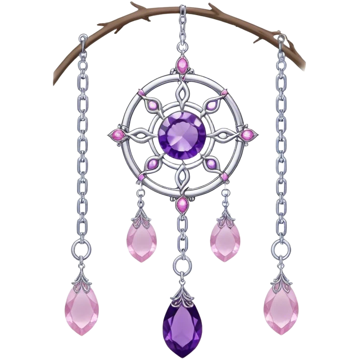 Epic Hanging silver suncatcher, chains and threads with shiny sparkly amethyst and rose-quartz gemstones,  emoji