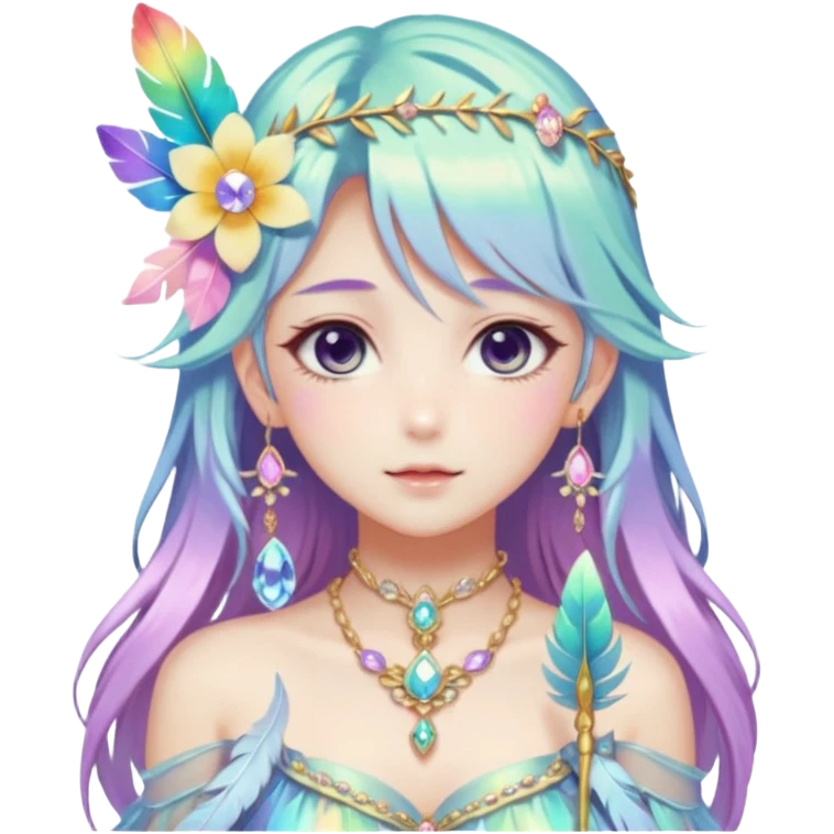 Beautiful gorgeous anime lady with beautiful iridescent-special-hair, fashion aesthetic, ethereal, fairycore, pastelcore, feather, flower, gems, accessories, jewelries, gold, colorful emoji