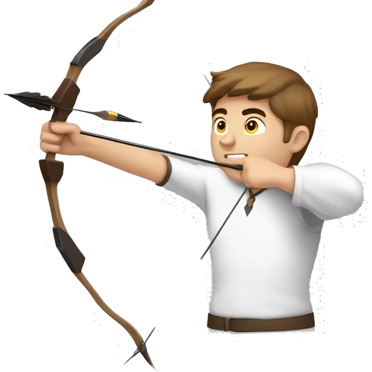 a male archer aiming with a bow looking and  aiming at his target, wearing a white shirt, very short brown hair, bright skin emoji