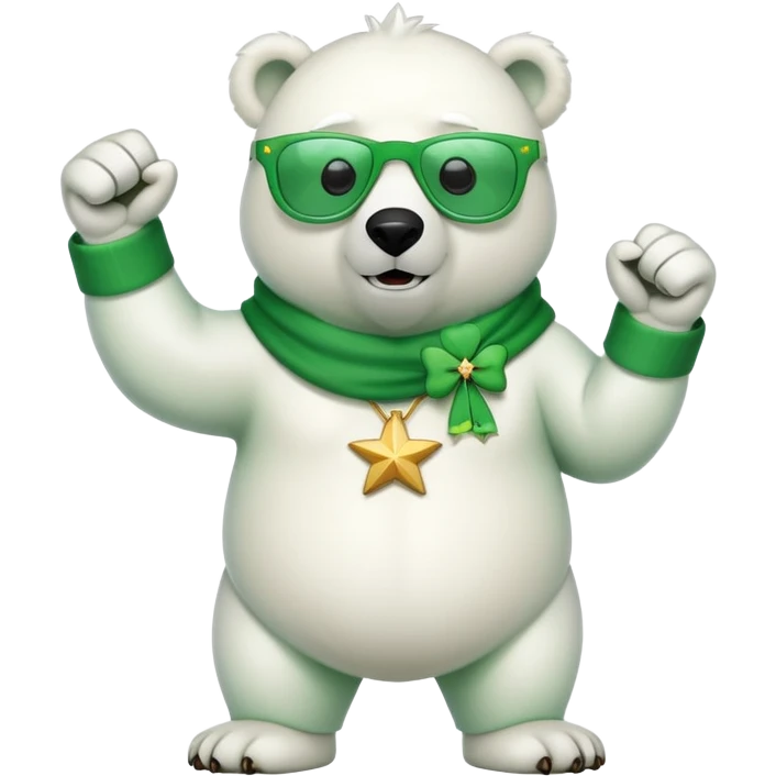 full body friendly anthropomorphised polar bear wearing oversized colorful star glasses and festive St. Patrick's Day outfit doing a fist pump emoji