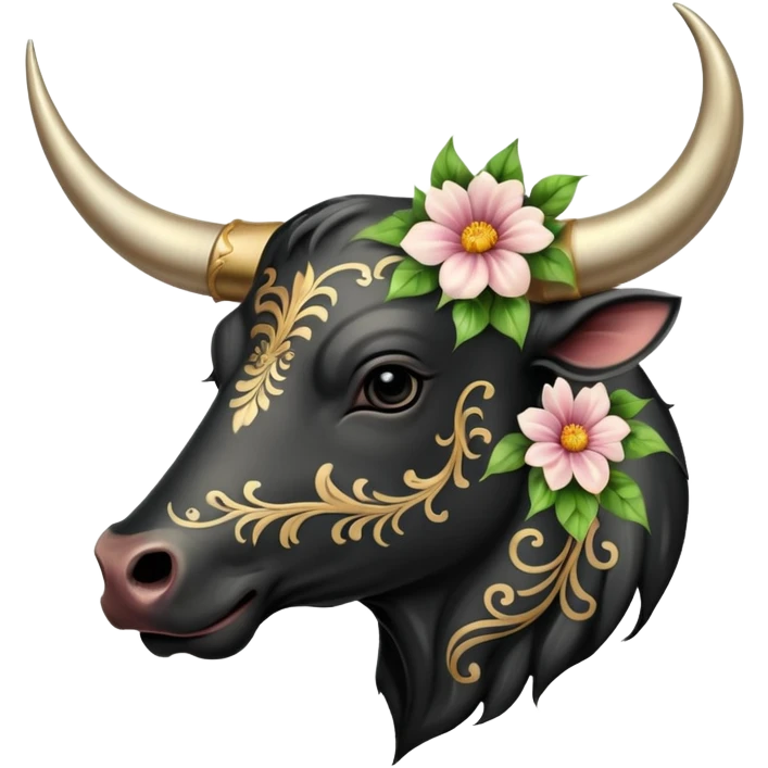 Aesthetic tattooed bull horn with flowers, black painted pattern markings  emoji