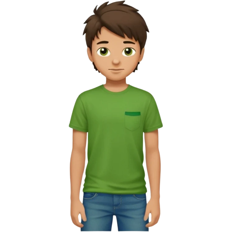 A 14 yerar old teenage boy, tanned, wearing a green t-shirt , blue jeans and green sneakers with dark brown tousled hair, smirking emoji