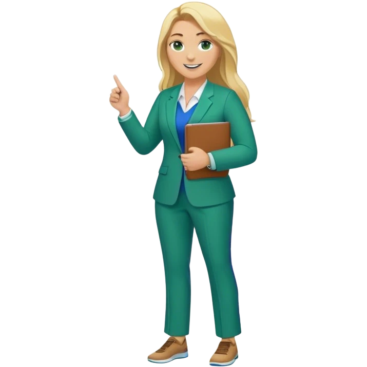 Full Body white plus size female basketball head coach with long blonde hair in a blue and green suit smiling holding clipboard emoji