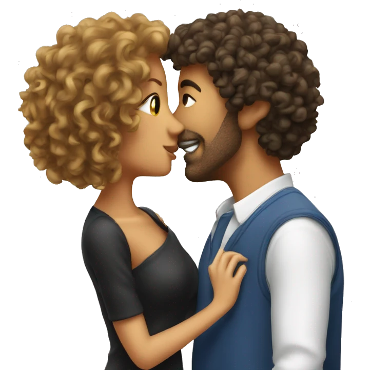 Curly man kiss women with bob emoji