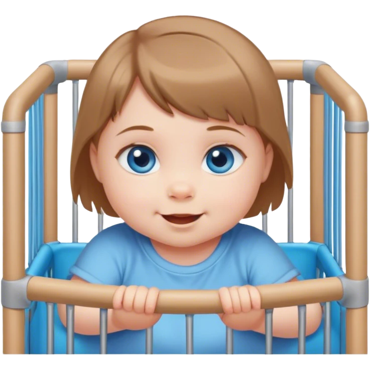 Blue-eyed baby girl with short light brown hair, chubby, mischievous smile in playpen  emoji