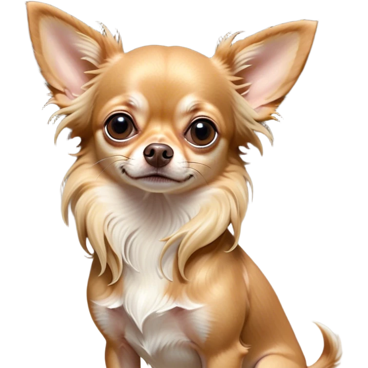 Cinematic Grumpy Long Haired Fawn Chihuahua Portrait Emoji, Head tilted slightly with a deeply unimpressed expression, thick, flowing fawn hair with natural highlights, large, droopy dark eyes narrowed into an unamused glare, ears slightly drooping in exasperation, Simplified yet comically expressive features, highly detailed, glowing with a dry, sarcastic glow, high shine, effortlessly judgmental yet dignified, stylized with a touch of cynicism, bright but brooding, soft glowing outline, capturing the essence of an eternally unimpressed yet endearing companion, so lifelike it feels like it could sigh heavily at you in disdain at any moment! emoji