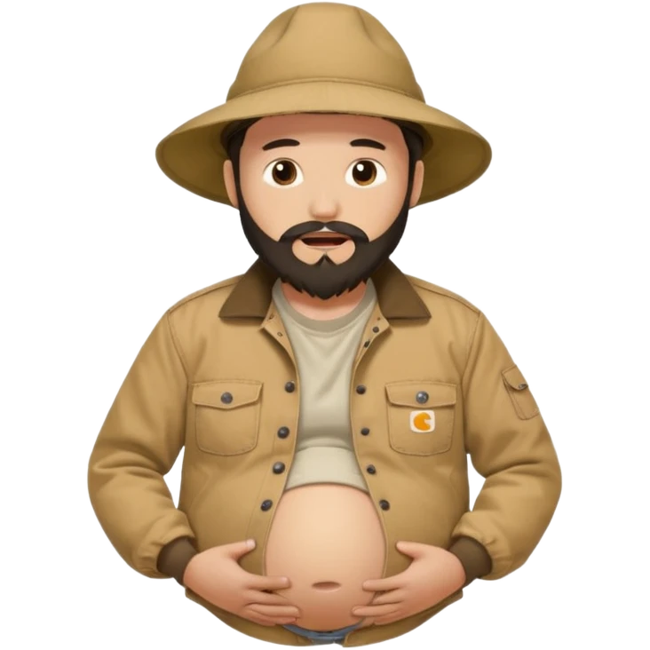 Bearded man rubbing pregnant belly poking out of shirt wearing a tan canvas carhartt jacket with a stereotypical large chinese hat on and buck teeth emoji