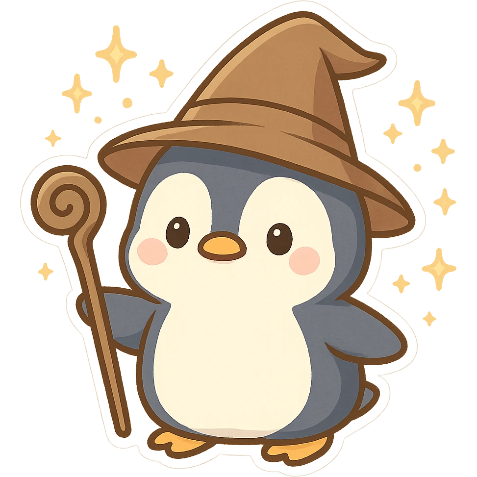 cute and whimsical penguin dressed as a wizard, wearing a pointed hat and holding a magic staff, magical sparkles around emoji