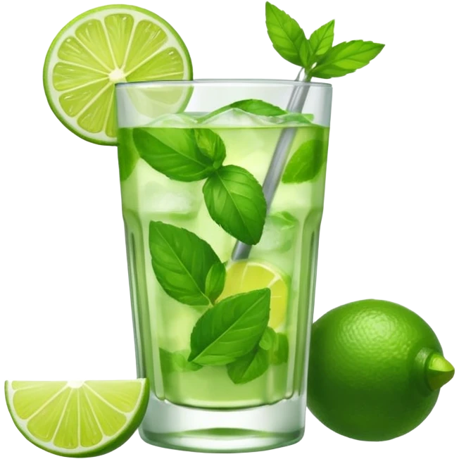 Make a mojito in she style of an emoji in a small glas with only one lime on top and one lime in the glas, not too much mint emoji