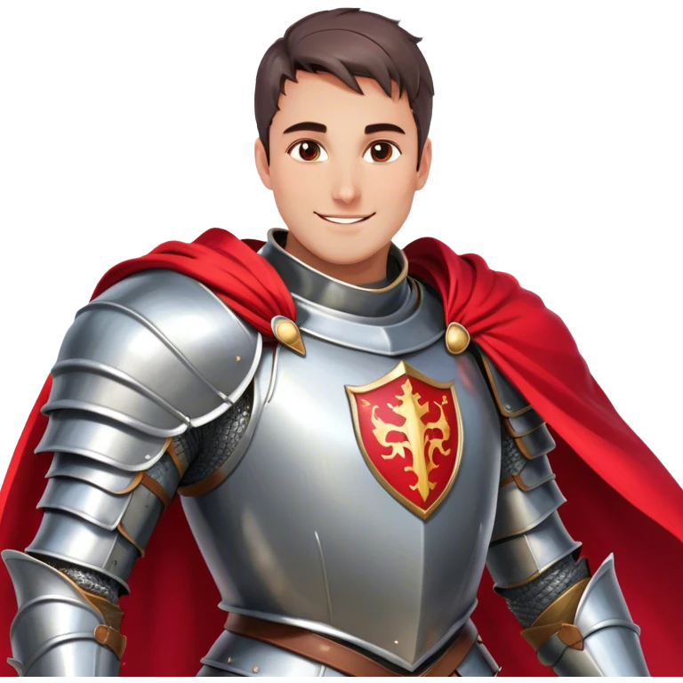 Create a side-view RPG character asset in a clean. The character is a brave knight with exaggerated, rounded features and minimal linework. They wear polished armor in silver tones, with a bright red cape flowing behind them. The face should have large, expressive eyes and a friendly smile that’s clearly visible even from the side view. Keep proportions simple and cartoony. The stance is slightly turned to emphasize the character’s side profile (facing right), with one hand on the hip and the other resting on a sheathed sword at the waist. The colors should be vibrant and easy to read, with smooth shading reminiscent of typical emoji designs. Include two variations: one idle pose and one simple walking pose, each capturing the playful, streamlined look of emoji-like characters. emoji