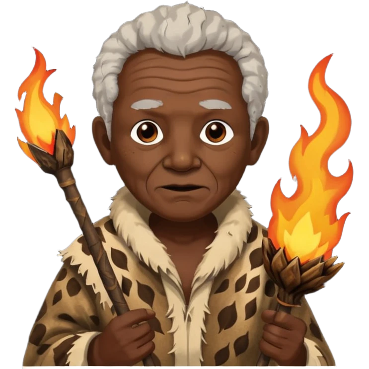 ancient africa old man, tattered animal skin cloth, hold fire stick emoji