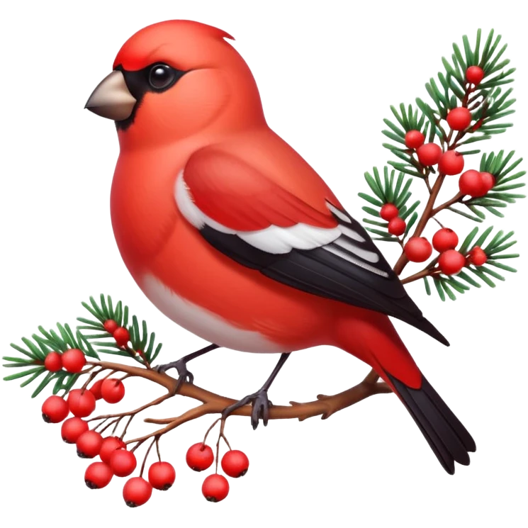 3D emoji of a bright red bullfinch bird (Snegir) sitting on a pine branch covered in fluffy white snow and red frozen rowan berries. Vibrant colors, soft feathers texture, glossy 3D icon style, Apple aesthetic, isolated on a solid white background, studio lighting. emoji