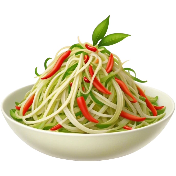 Cinematic Realistic Som Tam (Papaya Salad) Dish Emoji, featuring a spicy, tangy salad of shredded green papaya with chili and lime rendered with crisp textures and bright, lively lighting. emoji