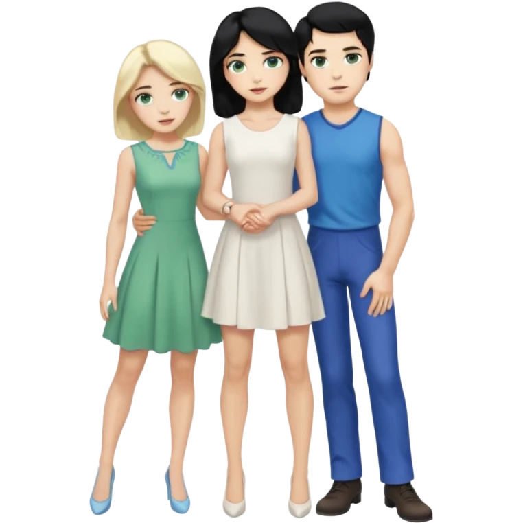 prince, standing upright, black Hair, blue eyes, garment, and woman, bending knee, sleveless white dress, blonde hair, green eyes, emoji