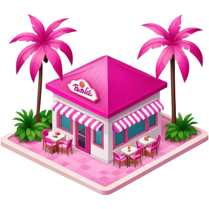 Hot pink Barbie tropical beach club restaurant, isometric exterior  emoji
