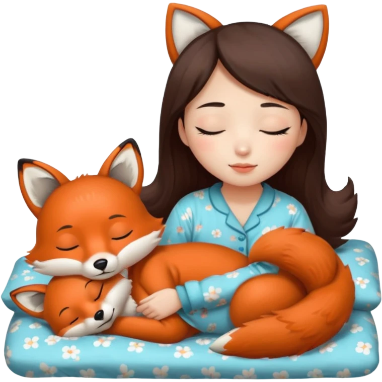 A Chinese girl sleeping with a fox stuff toy next to her bed emoji
