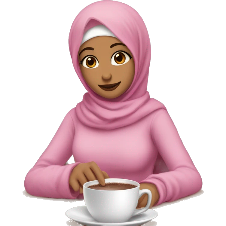 Hijabi , white , brown eyes , girl wearing pink glofs and pink hodie with pink skarf and handing a cup of hot chocolate having on it 🎀 emoji