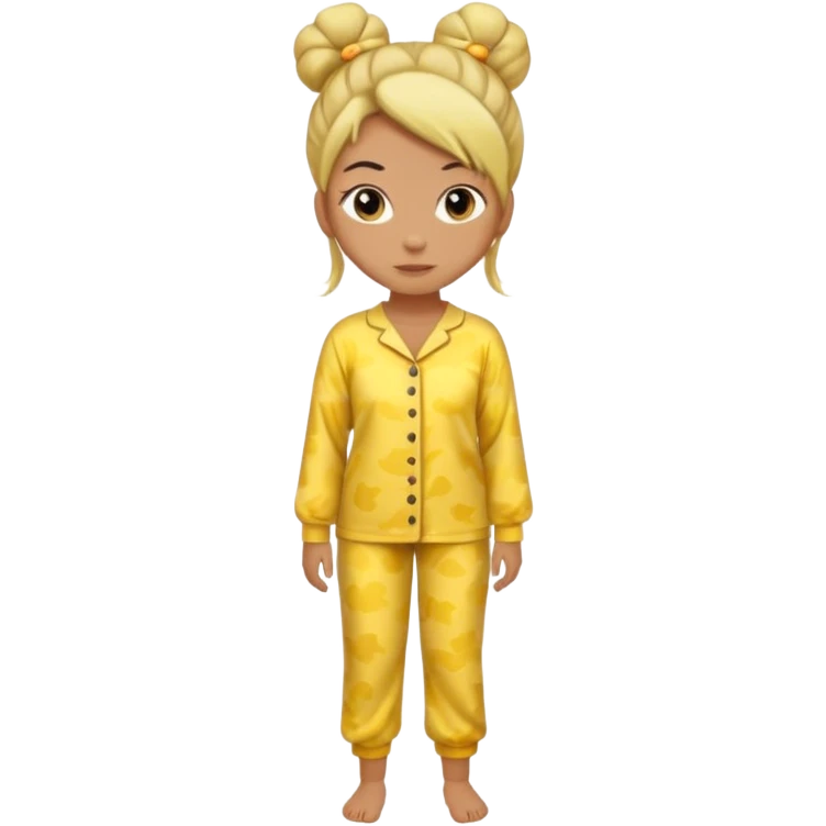 woman standing, wearing yellow pajamas, hair in a bun, full body emoji