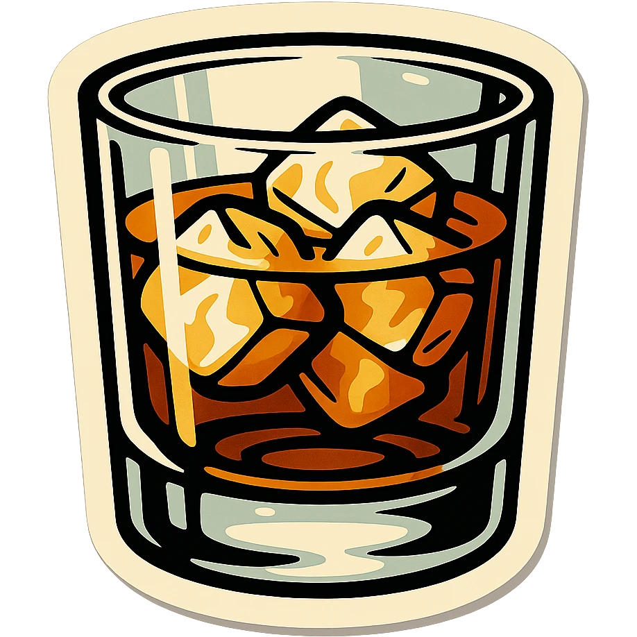 whiskey glass with ice, retro stickers style, sharp black outlines, expressive shadows and highlights, no gradients, only sharp color transitions, lowball glass, amber color drink emoji